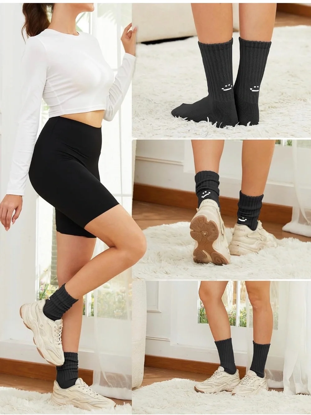 Women’s cute Slouch Socks Black Crew Socks with White Accent 3pk-Triple Pack NWT